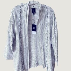 Bobeau Open Front Cardigan Women Small Blue Cream Stripes Fringe Detail Boho NWT